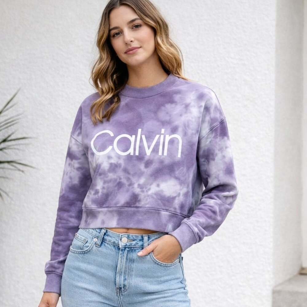 Calvin Klein Performance Cropped Crewneck Sweatshirt Tie Dye Purple Size S